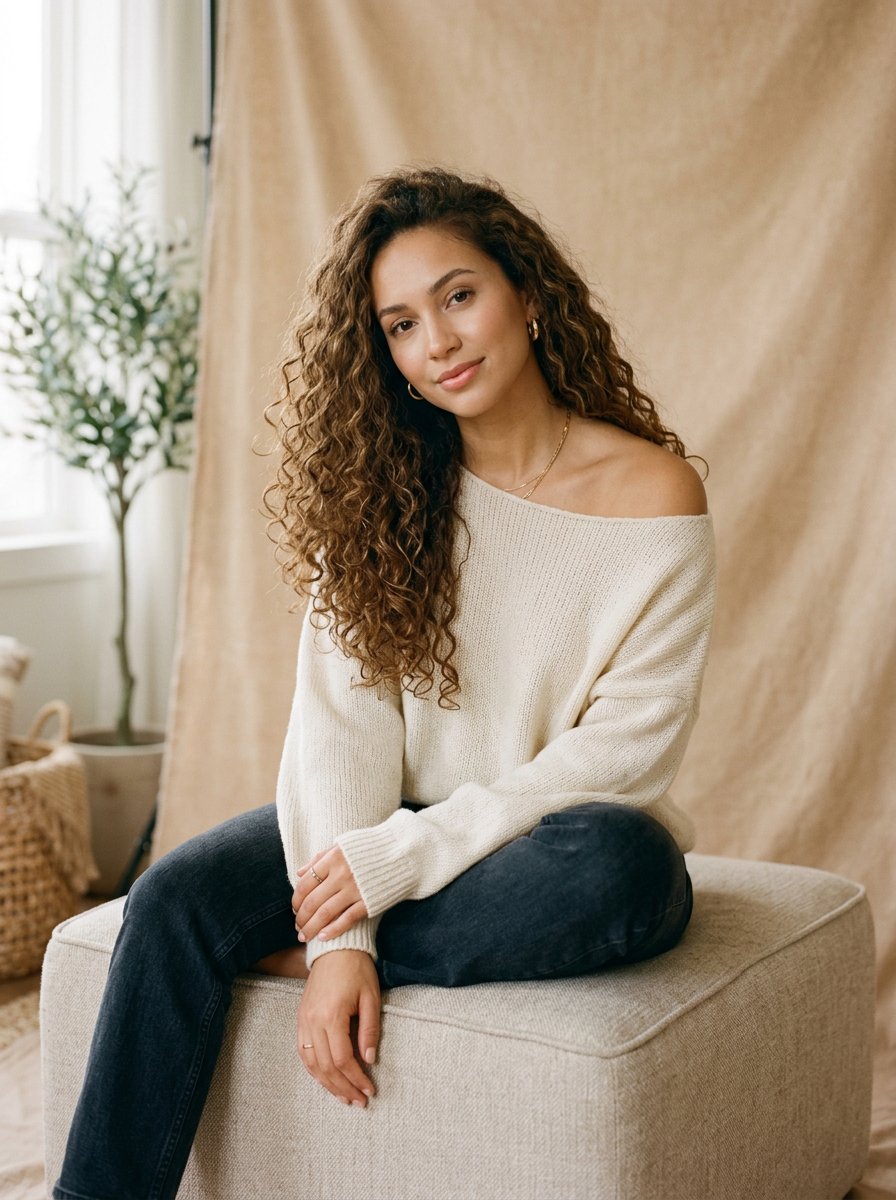 Woman with long curly hair sits elegantly against soft