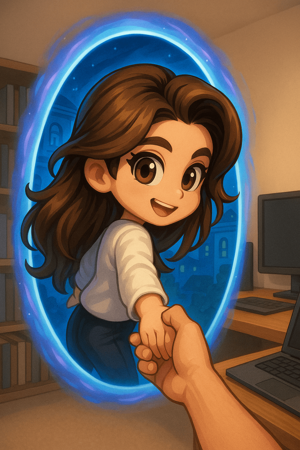 Chibi-style version of the person in the photo stepping