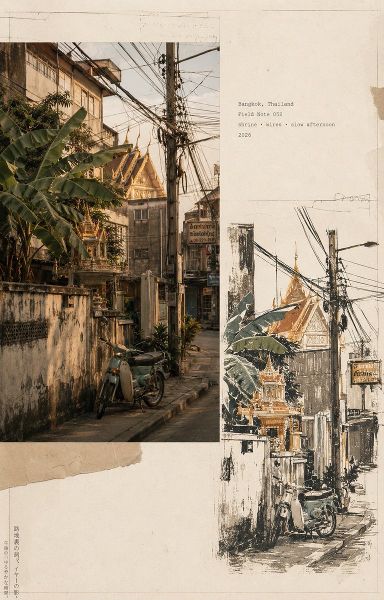 Create premium vintage Japanese travel-journal editorial