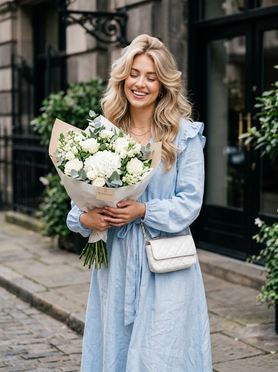 Lifestyle fashion portrait of woman holding bouquet outdoors