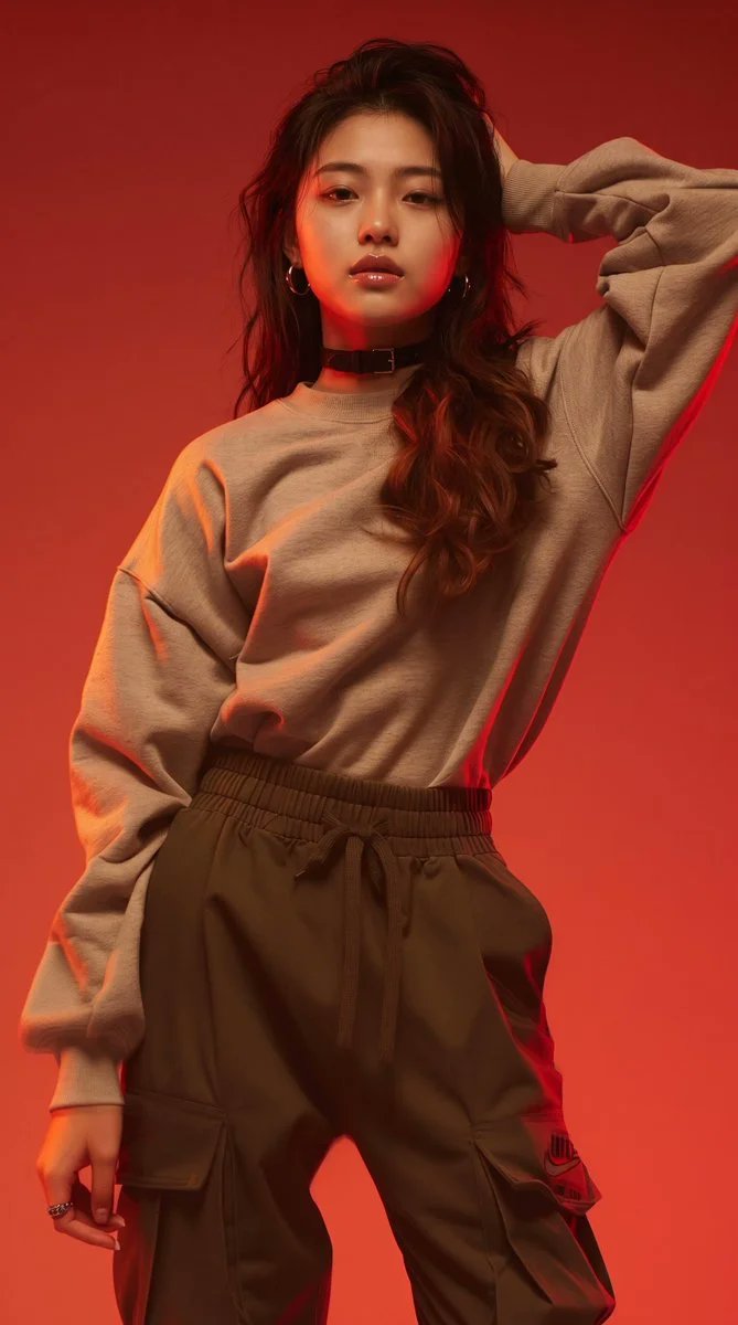 High-fashion studio portrait of stylish young East Asian woman