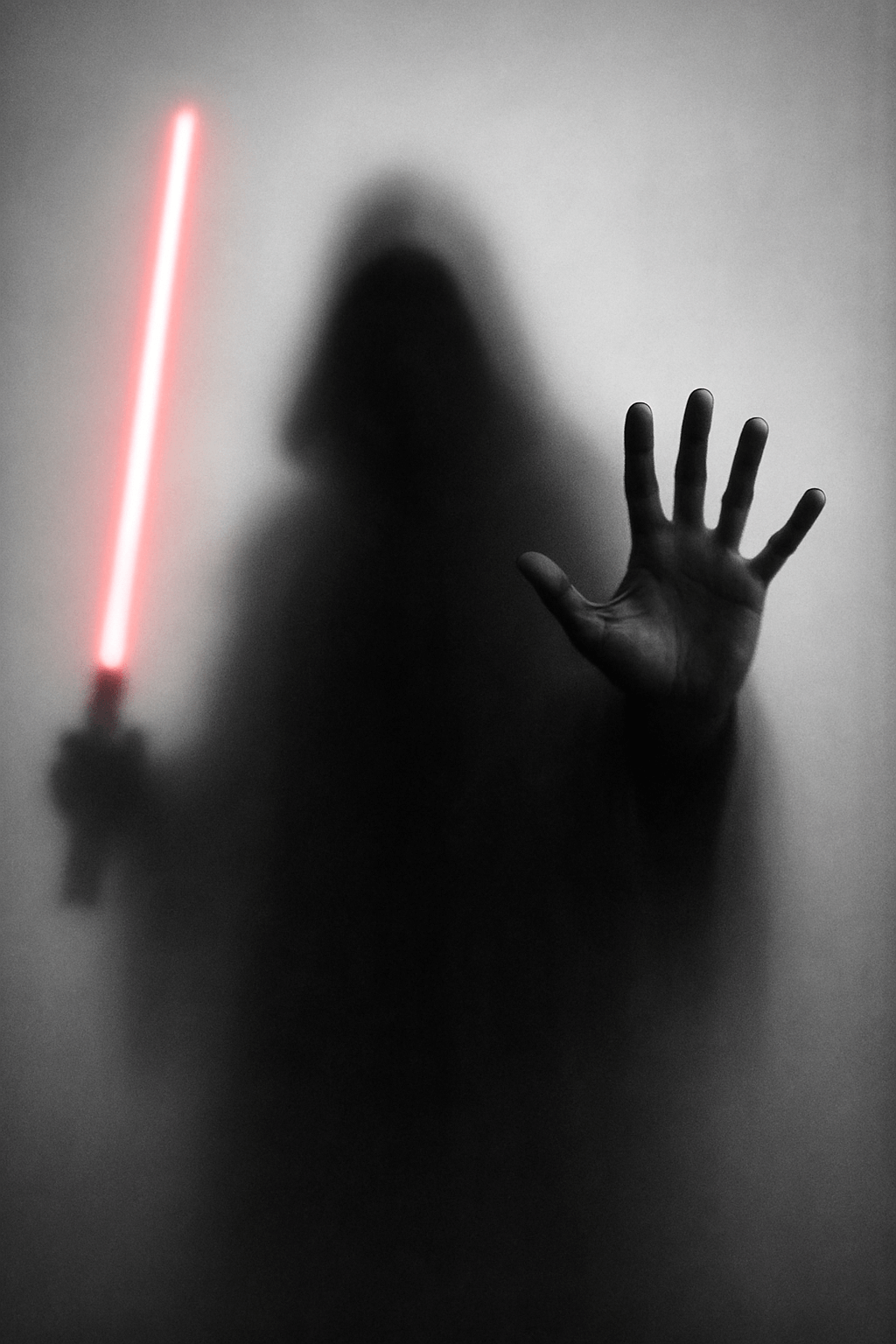 Black and white photograph shows the blurred silhouette
