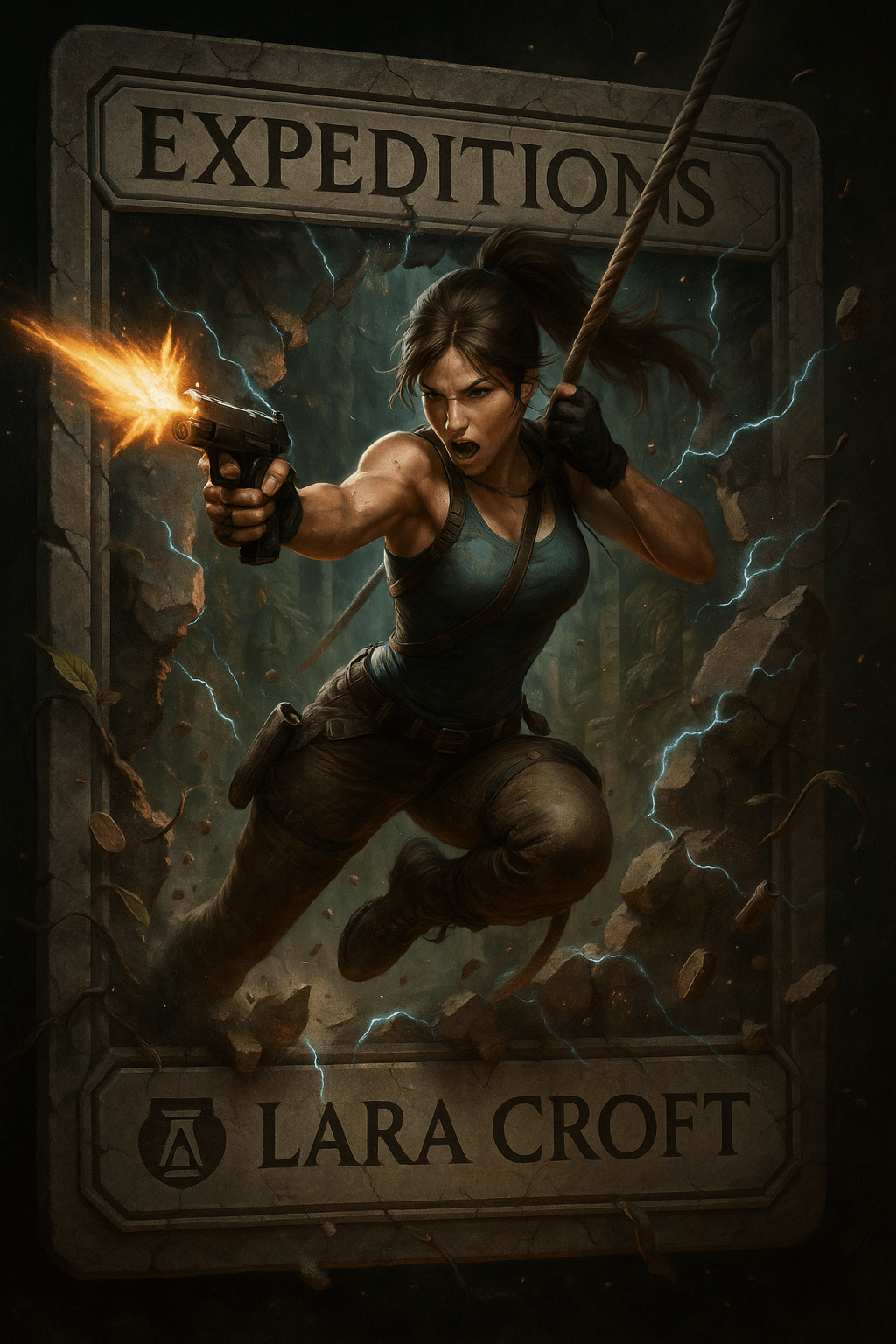 An ultra- cinematic-style illustration depicting Lara Croft