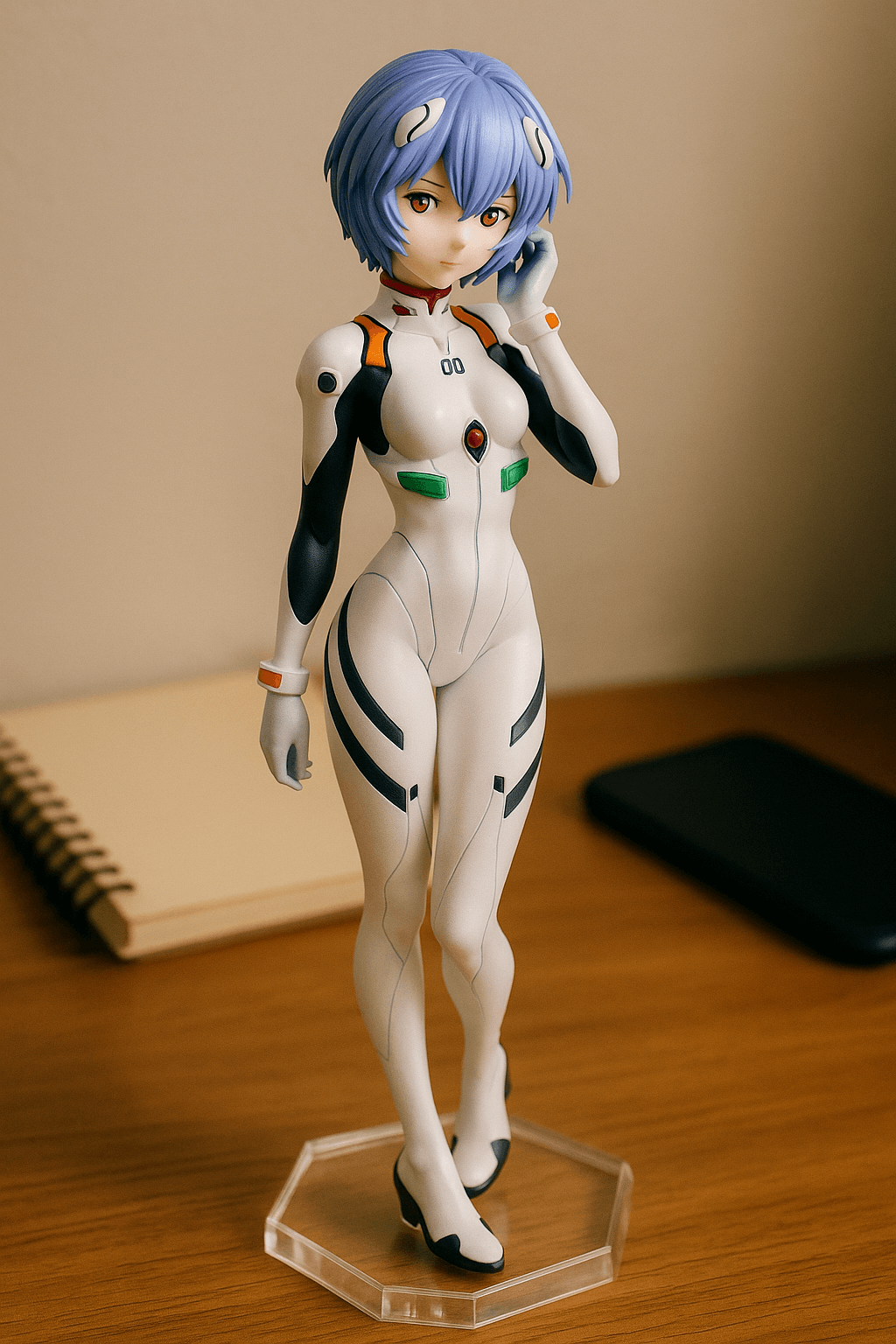 Generate an anime-style figure photo placed on desktop