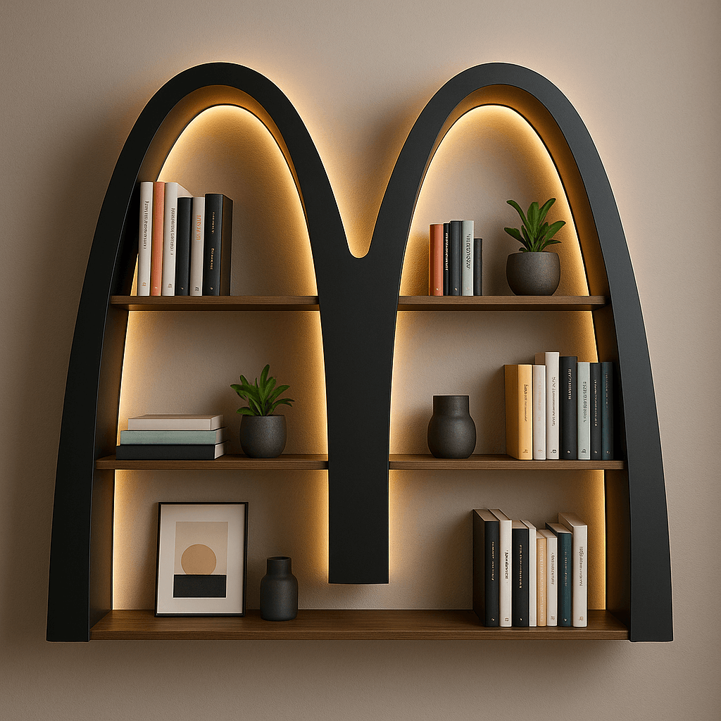 Create photograph of modern bookshelf inspired by the shape