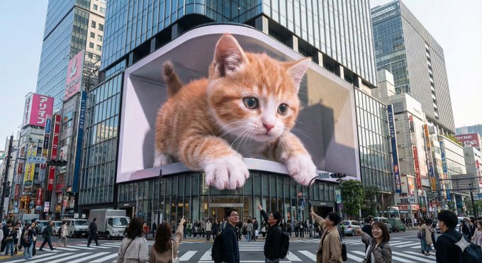 An enormous L-shaped glasses-free LED screen situated