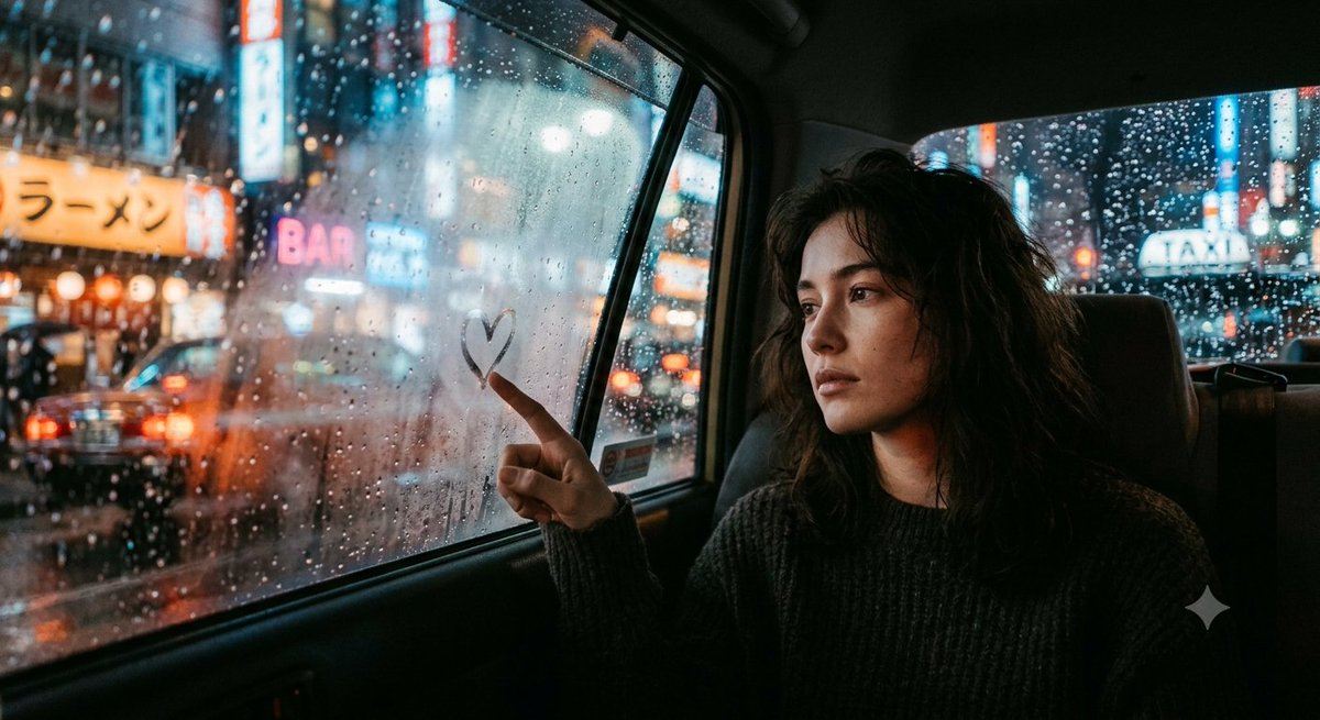 "title": "Cinematic Rainy Night Portrait" "description": "An