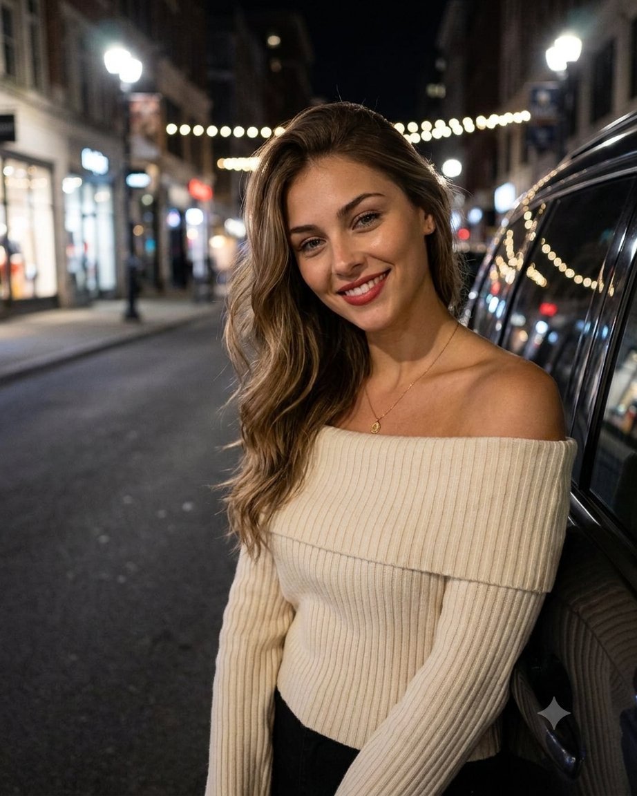 Create young woman posing outdoors at night against dark
