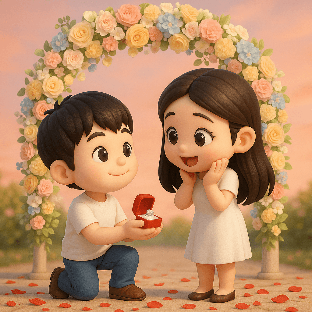 Transform the two people in the photo into chibi-style