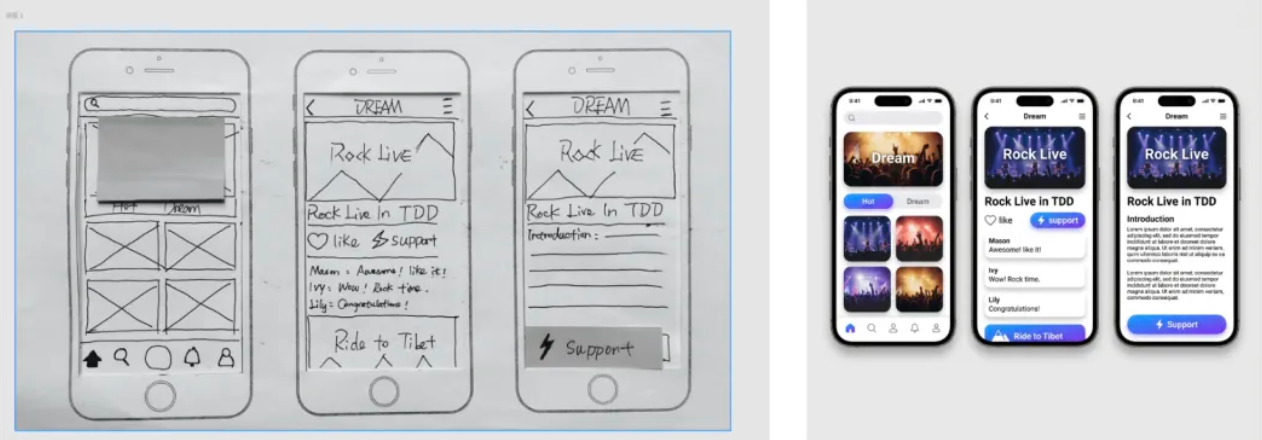 Transform this rough wireframe sketch into high-fidelity