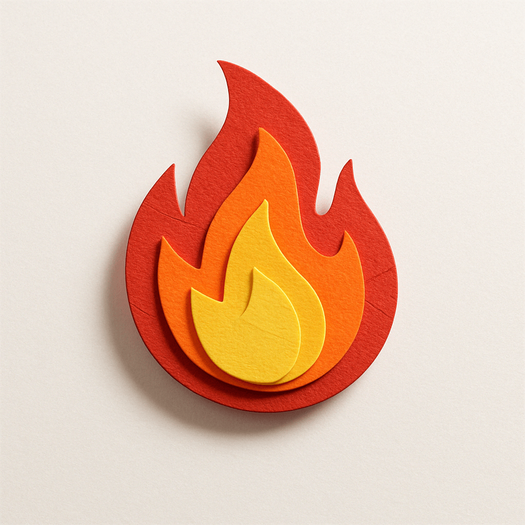 Paper craft-style "🔥" floating on pure white background