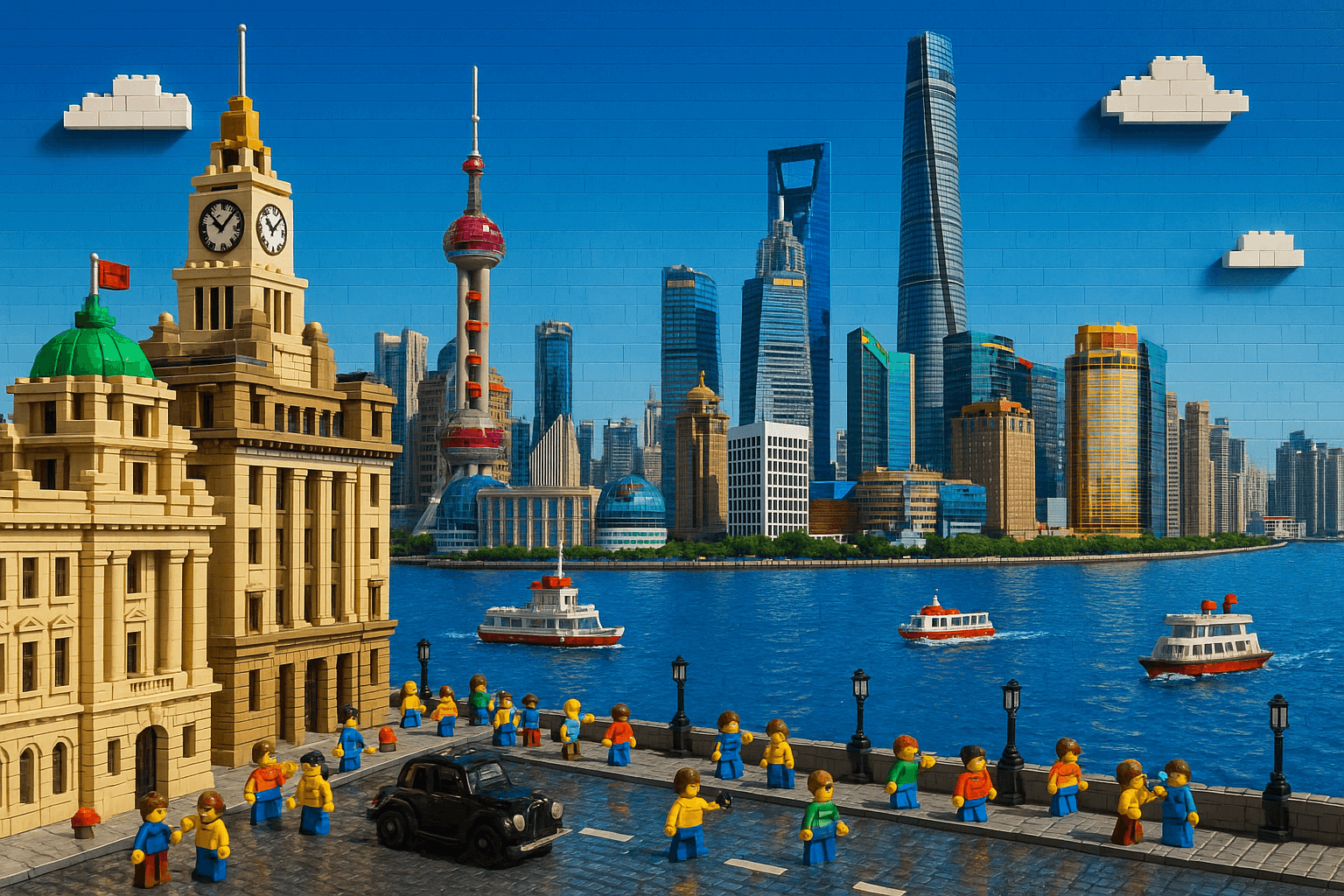 Create and vividly colored LEGO-style scene of the Shanghai