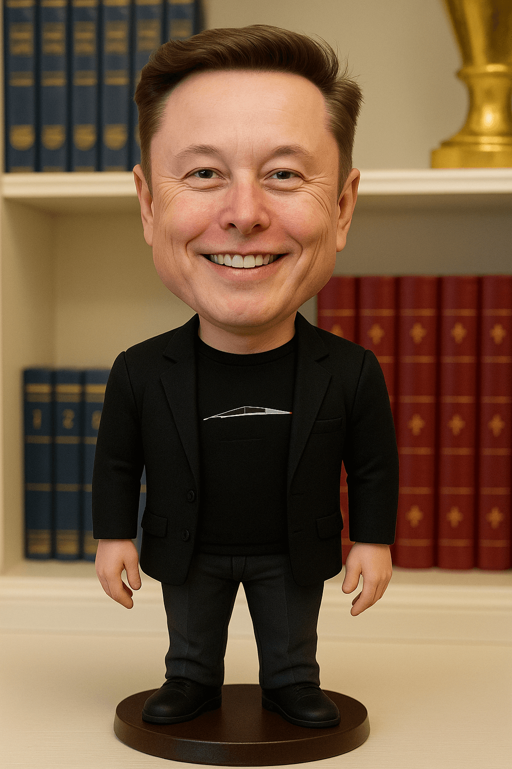 Turn this photo into bobblehead: enlarge the head slightly