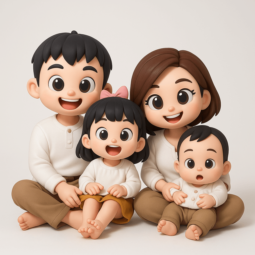 Transform the characters in the scene into chibi-style figures