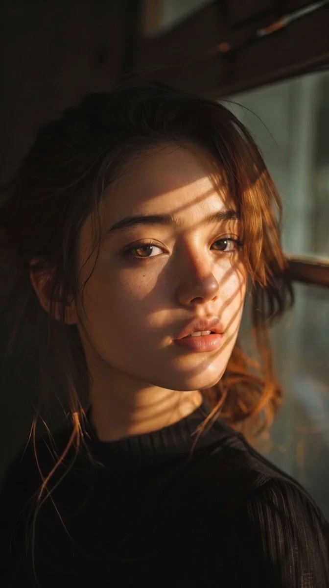Close-up cinematic portrait of young woman with natural beauty